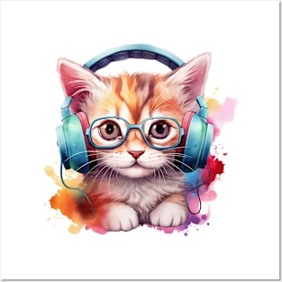 Cat listening to music Posters and Art